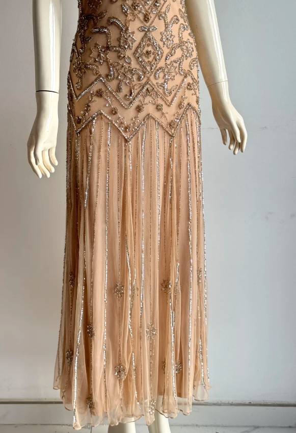 Vintage Nude Rosa V-Ausschnitt Perlen Bestickt Geometrisch Chiffon Langes Ballkleid Abendkleid P4854