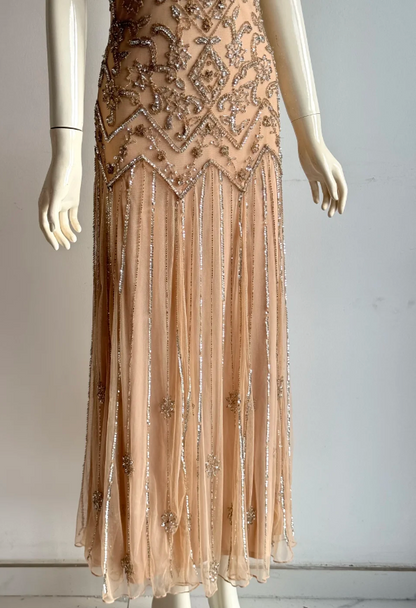 Vintage Nude Rosa V-Ausschnitt Perlen Bestickt Geometrisch Chiffon Langes Ballkleid Abendkleid P4854