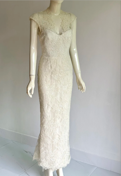 Elegantes weißes Spitzen-Meerjungfrauen-Abendkleid mit langen Wickelrock für den Abschlussball P4855