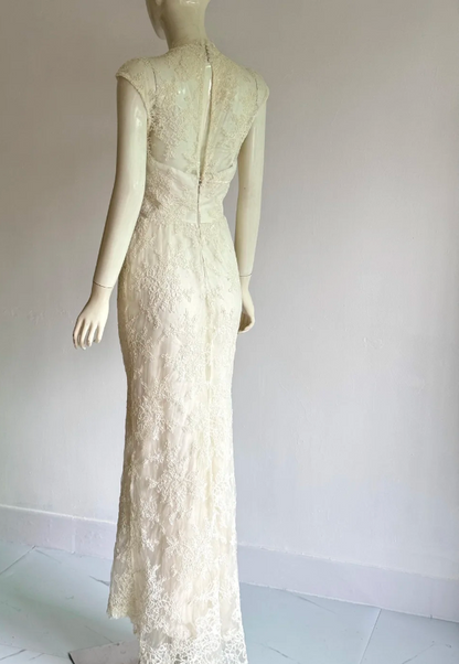 Elegantes weißes Spitzen-Meerjungfrauen-Abendkleid mit langen Wickelrock für den Abschlussball P4855