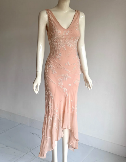 Süßes rosa Pailletten-Perlen V-Ausschnitt unregelmäßiges Meerjungfrauen-Chiffon-Ballkleid Abendkleid P4856