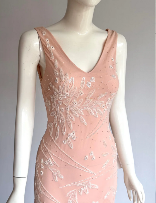 Süßes rosa Pailletten-Perlen V-Ausschnitt unregelmäßiges Meerjungfrauen-Chiffon-Ballkleid Abendkleid P4856