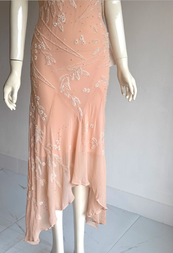 Süßes rosa Pailletten-Perlen V-Ausschnitt unregelmäßiges Meerjungfrauen-Chiffon-Ballkleid Abendkleid P4856