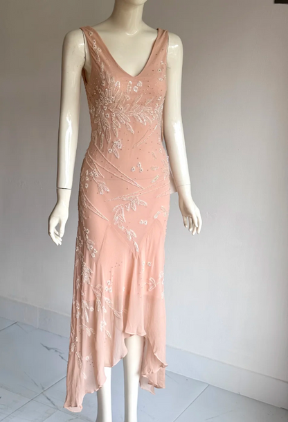 Süßes rosa Pailletten-Perlen V-Ausschnitt unregelmäßiges Meerjungfrauen-Chiffon-Ballkleid Abendkleid P4856