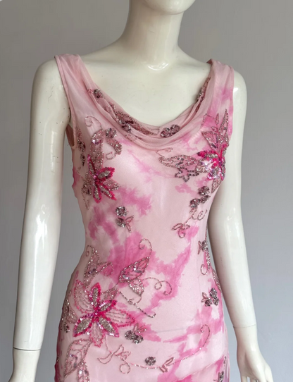 Beautiful Pink Cowl Neck Beaded Irregular Mermaid Chiffon Prom Dress Evening Dress P4857