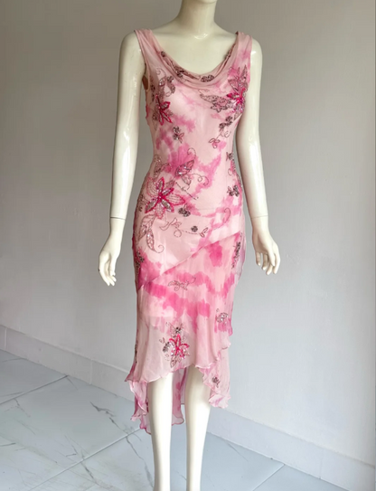 Beautiful Pink Cowl Neck Beaded Irregular Mermaid Chiffon Prom Dress Evening Dress P4857