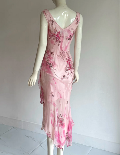 Beautiful Pink Cowl Neck Beaded Irregular Mermaid Chiffon Prom Dress Evening Dress P4857