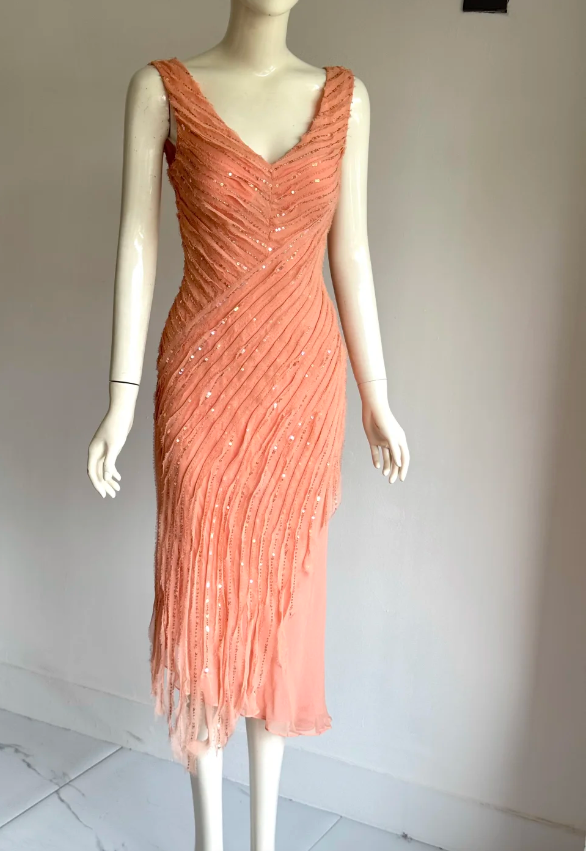 Elegant Coral Orange V-Neck Slim Beaded Sequined Chiffon Prom Dress Evening Dress P4858