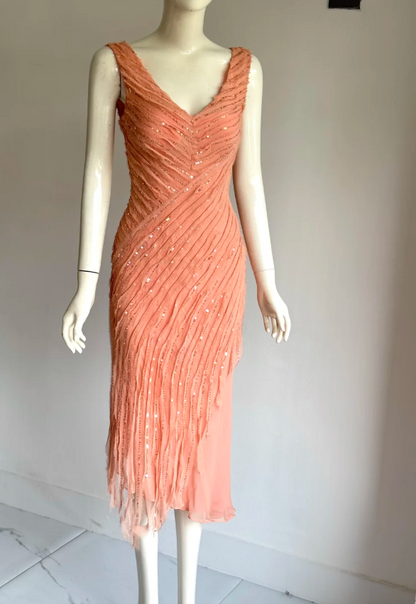 Elegant Coral Orange V-Neck Slim Beaded Sequined Chiffon Prom Dress Evening Dress P4858