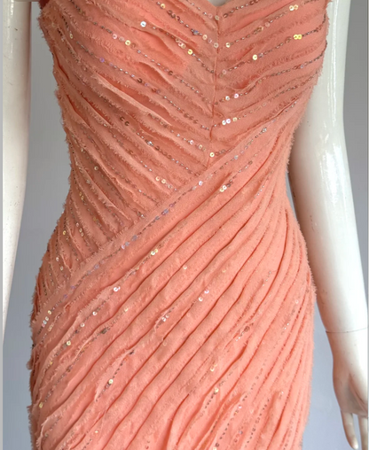 Elegant Coral Orange V-Neck Slim Beaded Sequined Chiffon Prom Dress Evening Dress P4858