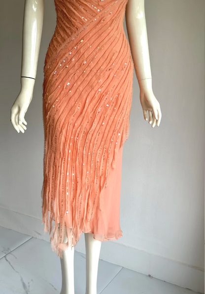 Elegant Coral Orange V-Neck Slim Beaded Sequined Chiffon Prom Dress Evening Dress P4858