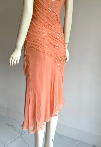 Elegant Coral Orange V-Neck Slim Beaded Sequined Chiffon Prom Dress Evening Dress P4858