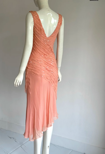 Elegant Coral Orange V-Neck Slim Beaded Sequined Chiffon Prom Dress Evening Dress P4858
