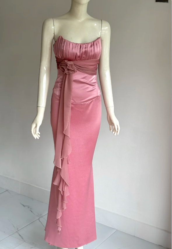 Elegant Pink Strapless Mermaid Back Lace-up Satin Long Prom Dress Evening Dress P4859