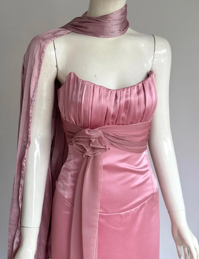 Elegant Pink Strapless Mermaid Back Lace-up Satin Long Prom Dress Evening Dress P4859