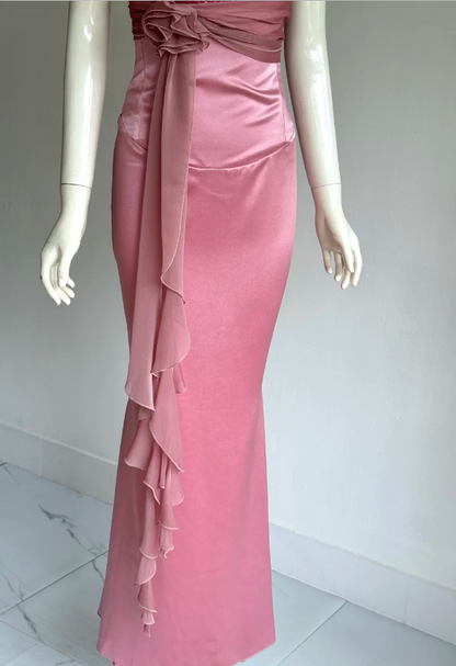 Elegant Pink Strapless Mermaid Back Lace-up Satin Long Prom Dress Evening Dress P4859