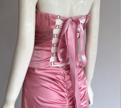 Elegant Pink Strapless Mermaid Back Lace-up Satin Long Prom Dress Evening Dress P4859