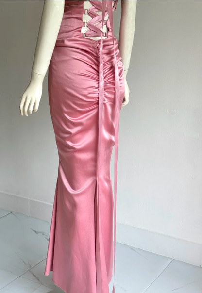 Elegant Pink Strapless Mermaid Back Lace-up Satin Long Prom Dress Evening Dress P4859