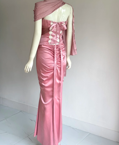 Elegant Pink Strapless Mermaid Back Lace-up Satin Long Prom Dress Evening Dress P4859