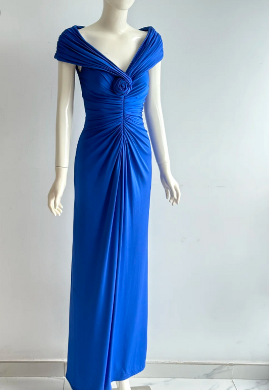Elegant Royal Blue 3D Rose Ruched Satin Long Prom Dress Evening Dress P4860