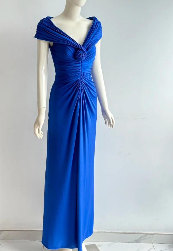 Elegant Royal Blue 3D Rose Ruched Satin Long Prom Dress Evening Dress P4860