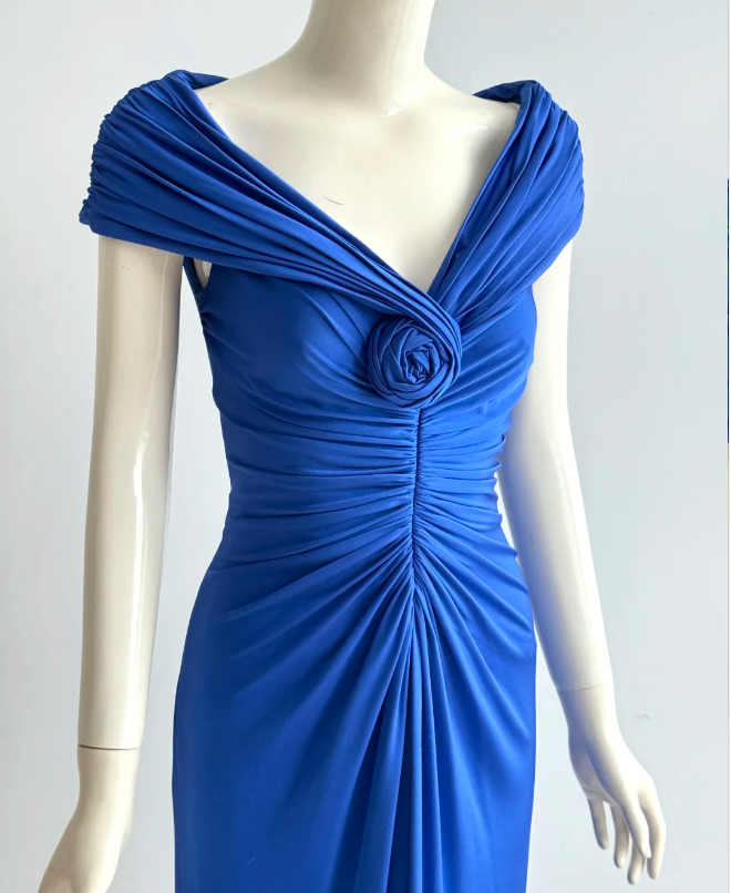 Elegant Royal Blue 3D Rose Ruched Satin Long Prom Dress Evening Dress P4860