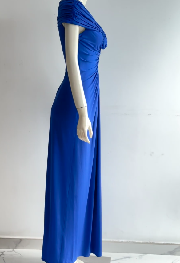 Elegant Royal Blue 3D Rose Ruched Satin Long Prom Dress Evening Dress P4860