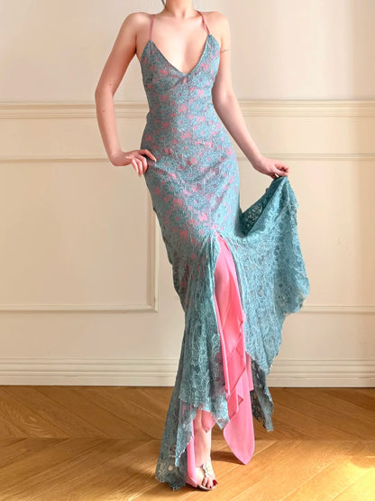 Vintage blau-rosa V-Ausschnitt, überkreuzter, rückenfreier Spitzen-Meerjungfrauen-Abendkleid P4861