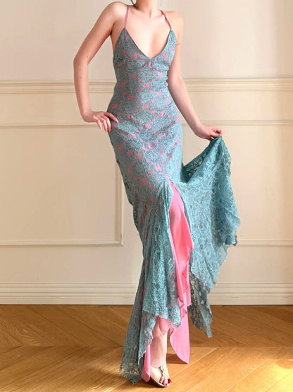 Vintage blau-rosa V-Ausschnitt, überkreuzter, rückenfreier Spitzen-Meerjungfrauen-Abendkleid P4861