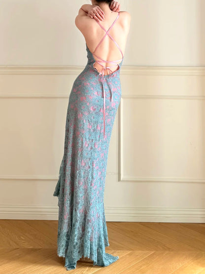 Vintage blau-rosa V-Ausschnitt, überkreuzter, rückenfreier Spitzen-Meerjungfrauen-Abendkleid P4861