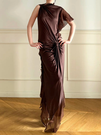 Elegantes dunkles Kaffee-Ein-Schulter-Knoten-Rüschen-Chiffon-langes Ballkleid Abendkleid P4863