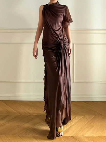 Elegantes dunkles Kaffee-Ein-Schulter-Knoten-Rüschen-Chiffon-langes Ballkleid Abendkleid P4863