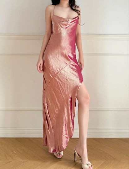Atemberaubendes rosa langes Ballkleid aus Satin mit Wasserfallausschnitt, Schlitz und geschnürter Rückenpartie P4864