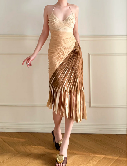 Vintage Gradient Halter V-Ausschnitt Diagonal Schnitt Quaste Plissiertes Satin Ballkleid Abendkleid P4865