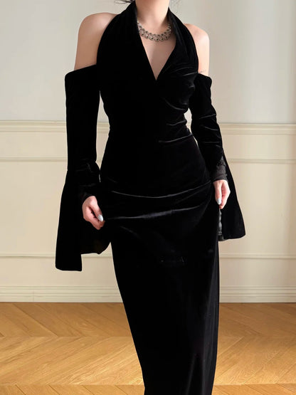 Vintage Elegant Schwarz Neckholder Meerjungfrau Samt Langes Ballkleid Abendkleid P4866