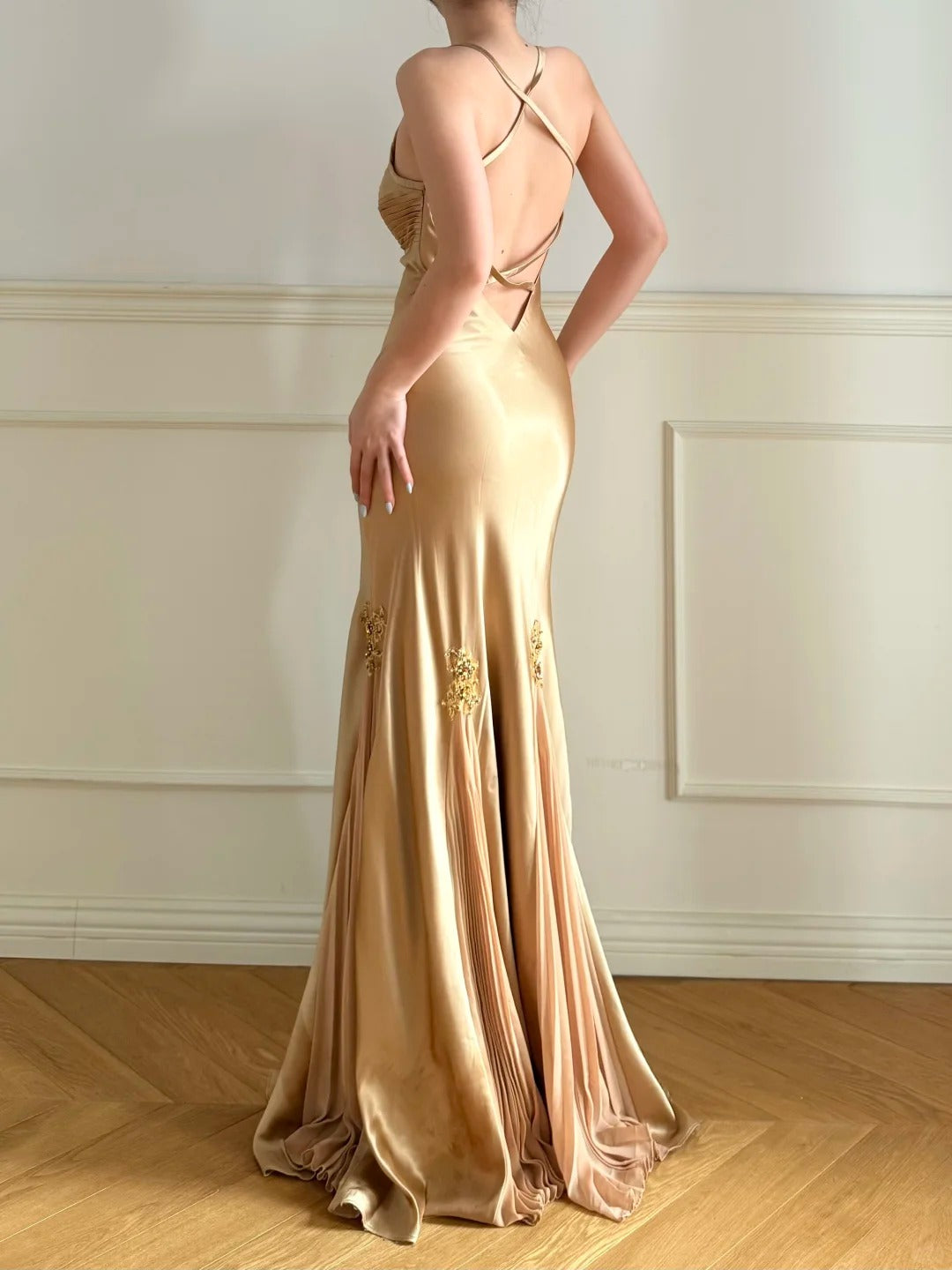 Elegant Champagne Gold Spaghetti Strap Cross Backless Pleated Mermaid –  PreppyDress