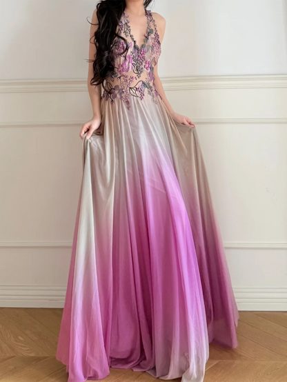 Verträumtes lila Neckholder-Abendkleid aus Tüll mit 3D-Blumenstickerei und Rückenausschnitt P4868