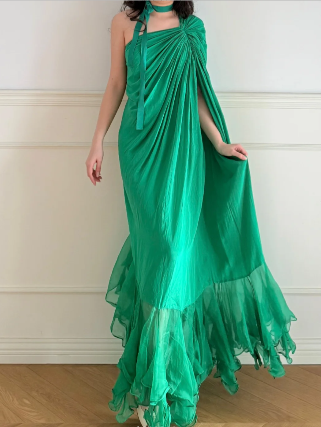 Vintage Emerald Green One Shoulder Knot Ruched Chiffon Long Prom Dress Evening Dress P4869