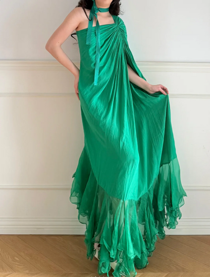 Vintage Emerald Green One Shoulder Knot Ruched Chiffon Long Prom Dress Evening Dress P4869