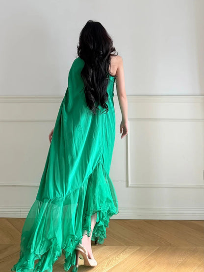 Vintage Emerald Green One Shoulder Knot Ruched Chiffon Long Prom Dress Evening Dress P4869
