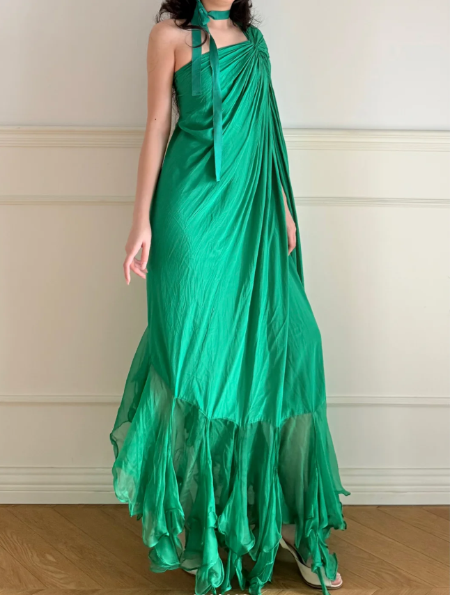 Vintage Emerald Green One Shoulder Knot Ruched Chiffon Long Prom Dress Evening Dress P4869