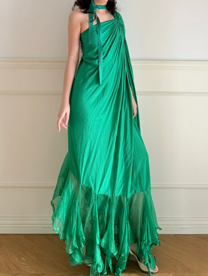 Vintage Emerald Green One Shoulder Knot Ruched Chiffon Long Prom Dress Evening Dress P4869
