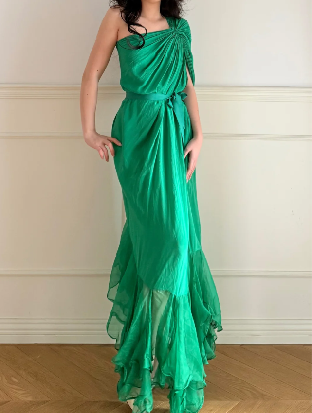 Vintage Emerald Green One Shoulder Knot Ruched Chiffon Long Prom Dress Evening Dress P4869