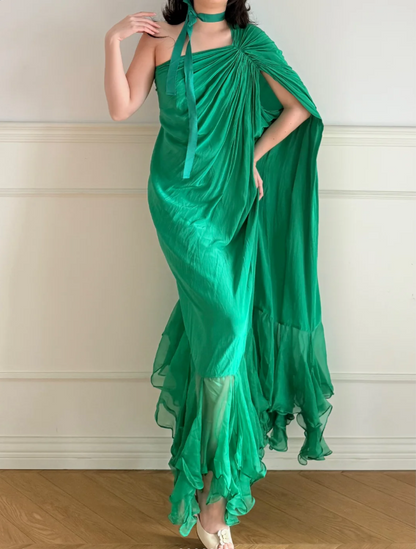 Vintage Emerald Green One Shoulder Knot Ruched Chiffon Long Prom Dress Evening Dress P4869