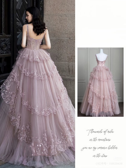 Modest Ball Gown Straps Pink Tulle Prom Dresses 22th Birthday Outfit P1786