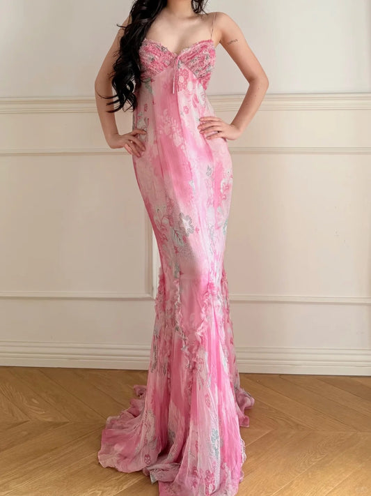 Stunning Pink Print Spaghetti Strap Mermaid Chiffon Long Prom Dress Evening Dress P4870