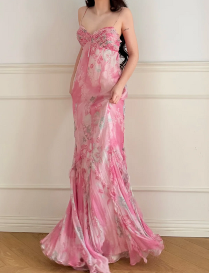 Stunning Pink Print Spaghetti Strap Mermaid Chiffon Long Prom Dress Evening Dress P4870