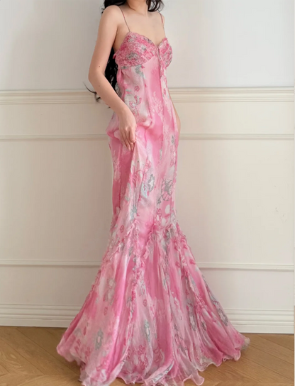 Stunning Pink Print Spaghetti Strap Mermaid Chiffon Long Prom Dress Evening Dress P4870