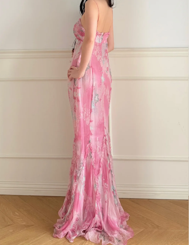 Stunning Pink Print Spaghetti Strap Mermaid Chiffon Long Prom Dress Evening Dress P4870