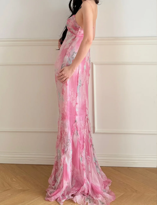 Stunning Pink Print Spaghetti Strap Mermaid Chiffon Long Prom Dress Evening Dress P4870